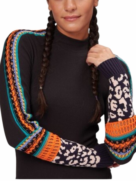 Free People Sweaters - Free People Mock Neck Sweater XS Black Crochet Sleeve Leopard Cuffs Boho